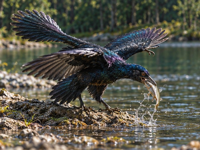 Microraptor med en fisk