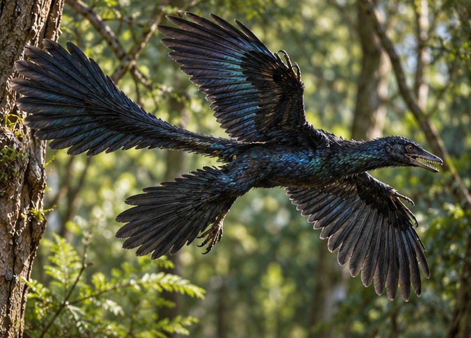 Microraptor glider mellem træer
