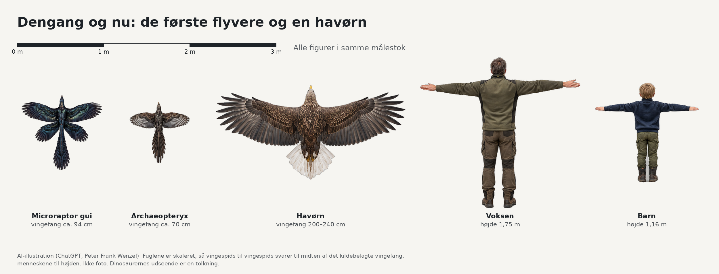 Microraptor og Archaeopteryx i samme målestok som mennesker