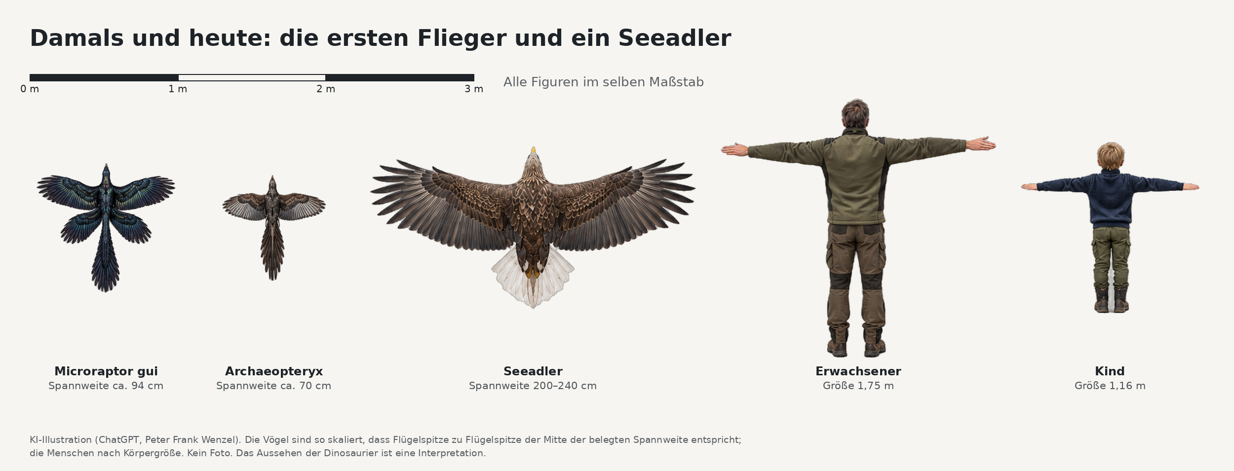 Microraptor und Archaeopteryx im gleichen Maßstab wie Menschen