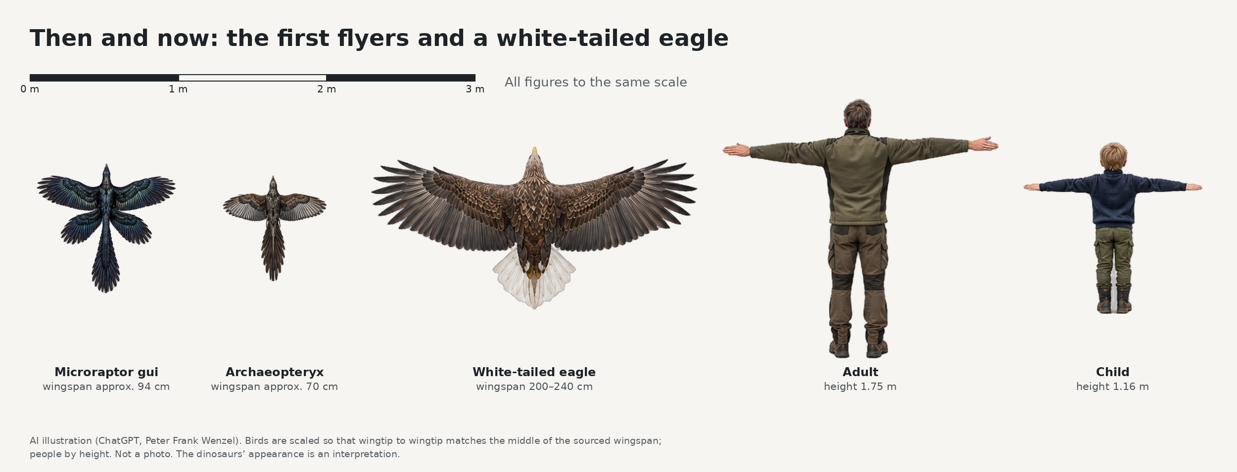Microraptor and Archaeopteryx to the same scale as people