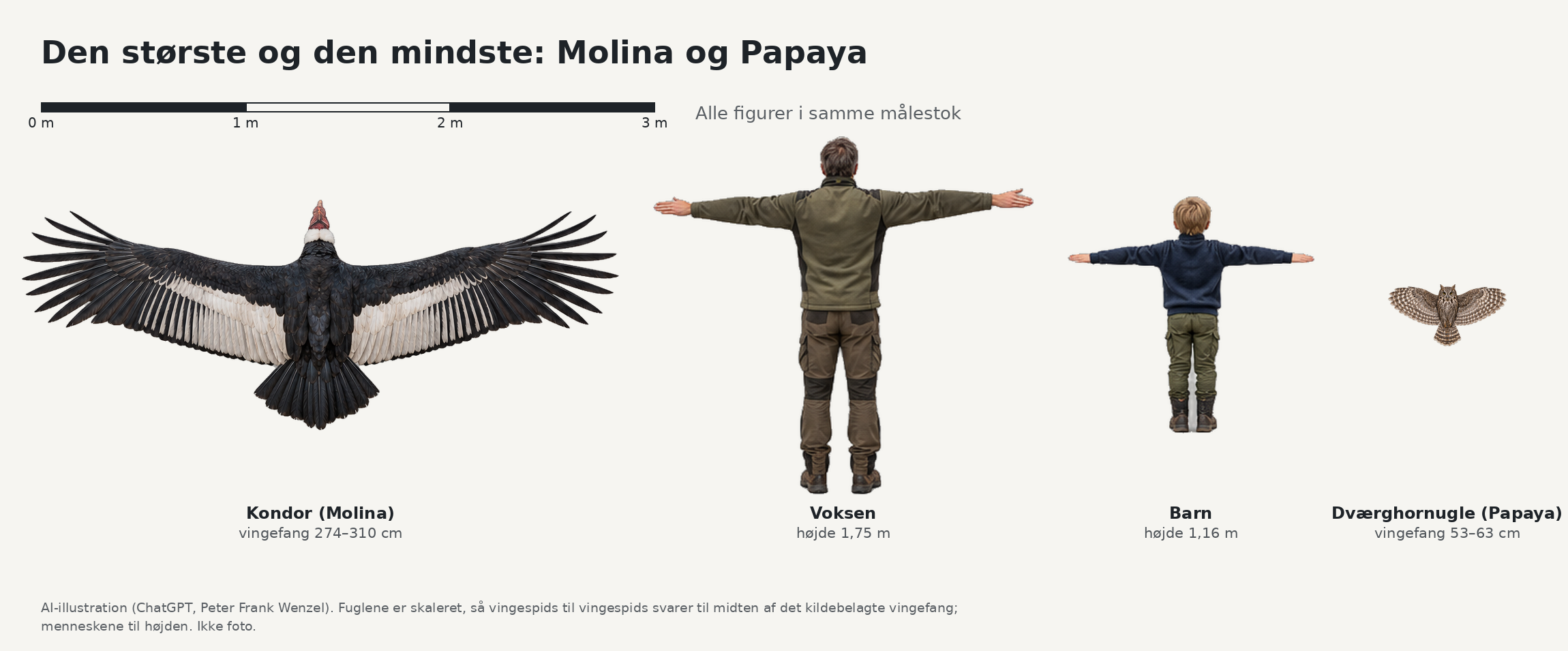 Kondor og dværghornugle med voksen og barn i samme målestok