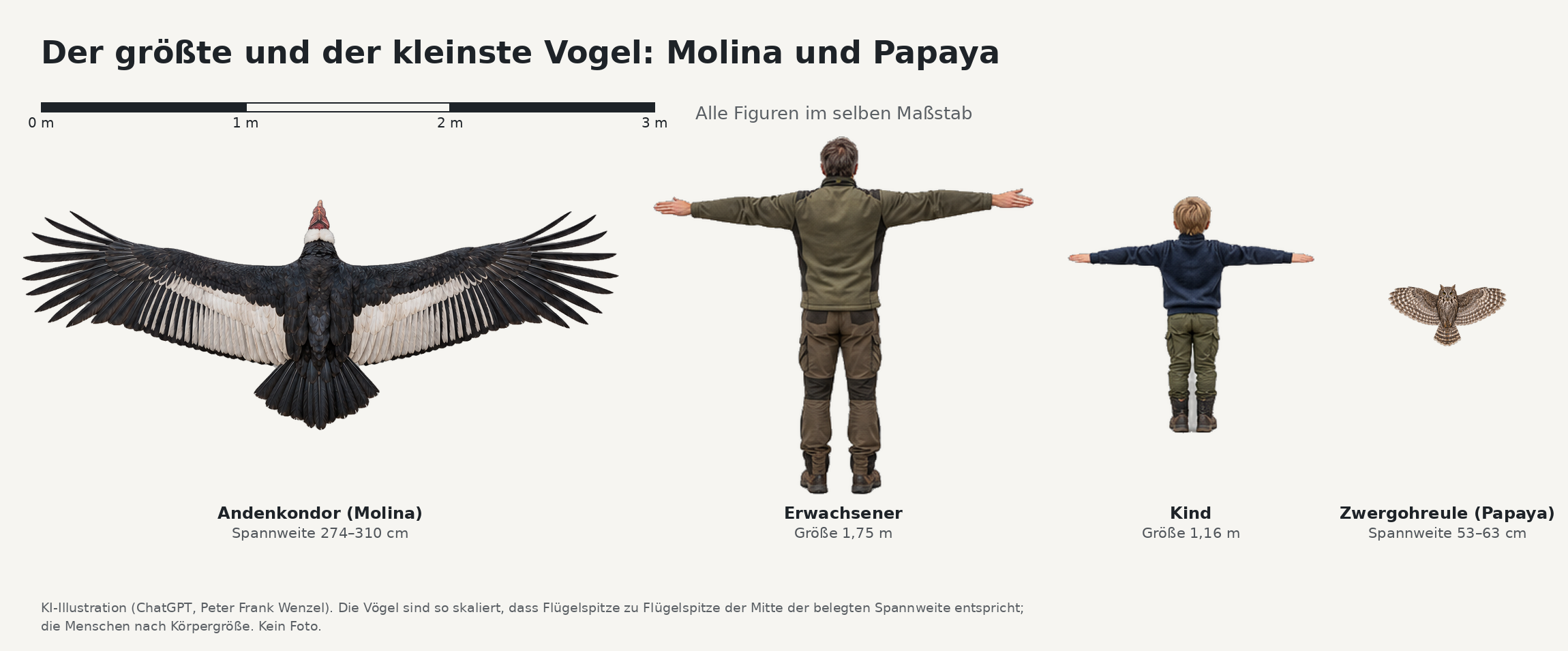 Kondor und Zwergohreule mit Erwachsenem und Kind im gleichen Maßstab